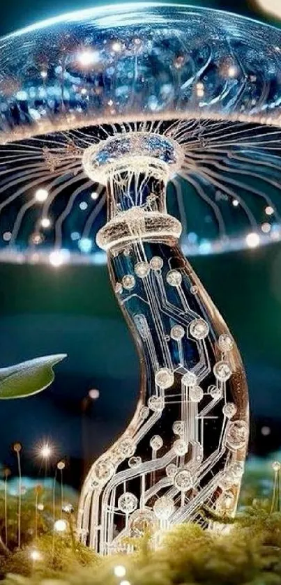 Illuminated digital mushroom art in nature setting