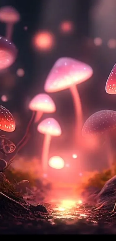 Pink glowing mushrooms in a mystical forest setting.