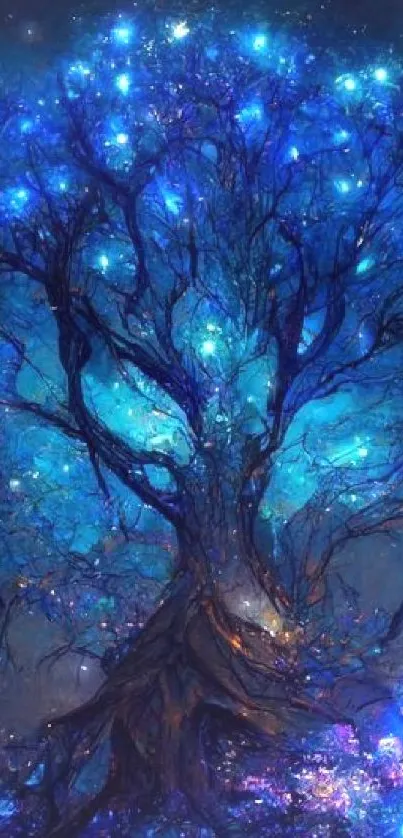 Magical glowing tree with blue lights on a dark background.