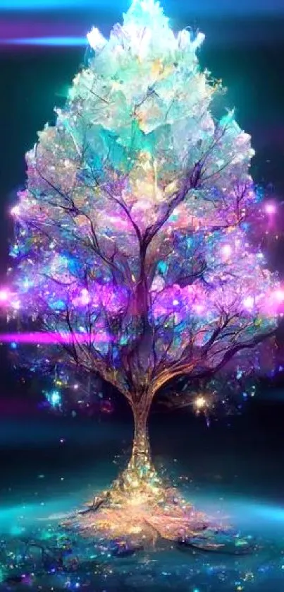 Magical glowing tree against a dark background in vibrant colors.