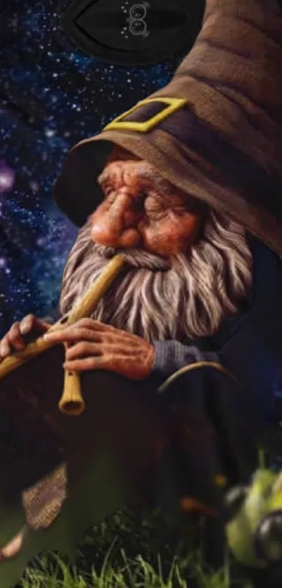 Gnome playing flute under a starry night sky with magical vibes.