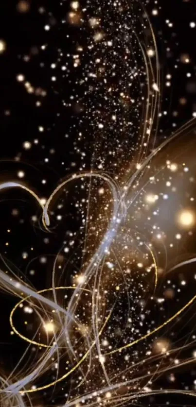Mystical gold heart sparkles on black background.