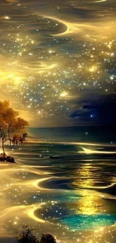 Magical golden night beach with stars and shimmering sea.