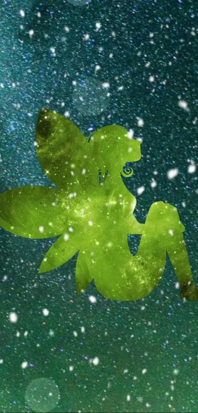 Green fairy silhouette against a starry night sky with snow.