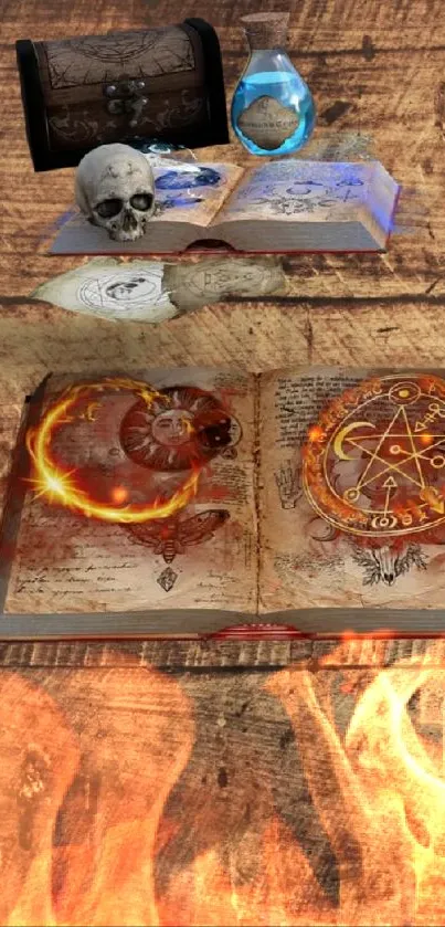 Magical grimoire with wooden background and mystical symbols.
