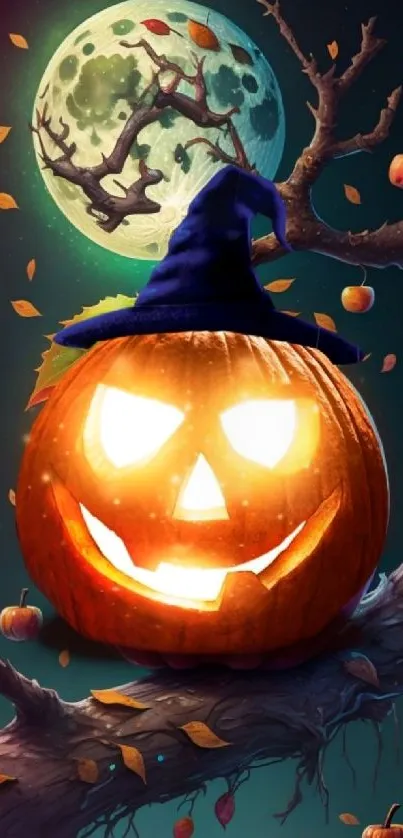 Glowing pumpkin with witch hat under full moon.