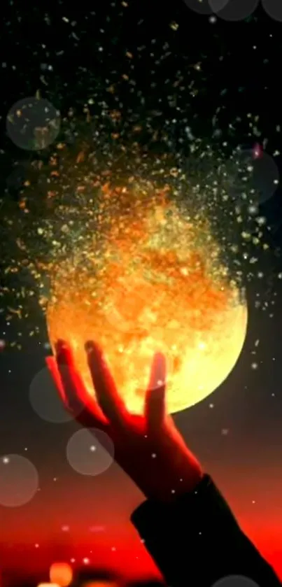 A hand holds a glowing moon against a starry night sky, creating a magical effect.