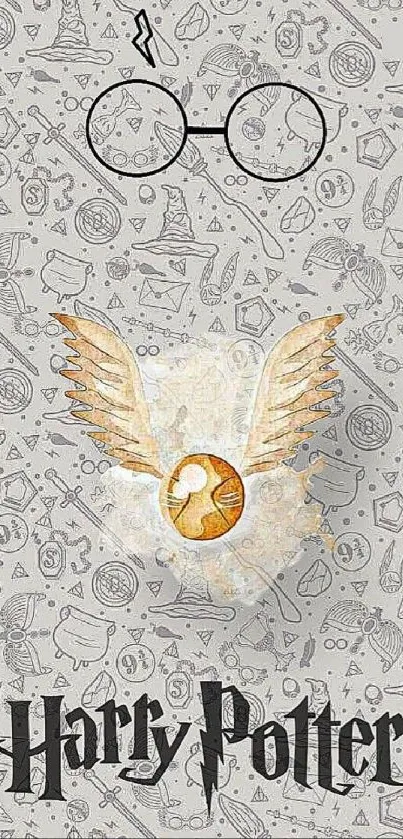 Harry Potter wallpaper with symbols and Golden Snitch design.