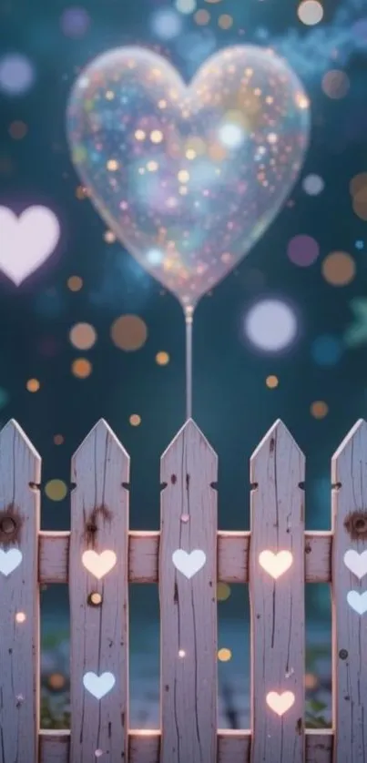 Rustic fence with glowing heart balloon in magical scene.