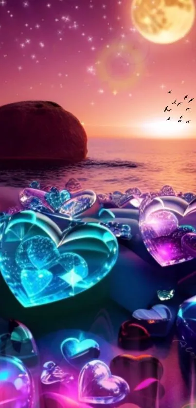 Magical beach sunset with glowing hearts and stars.