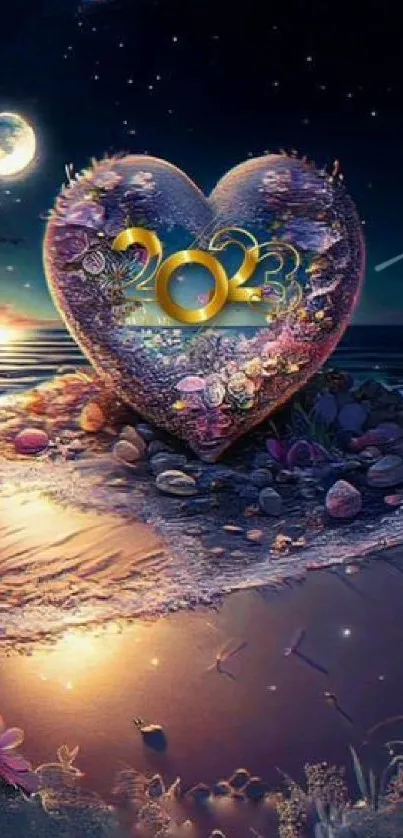 Heart-shaped beach scene with 2023 under a moonlit sky.