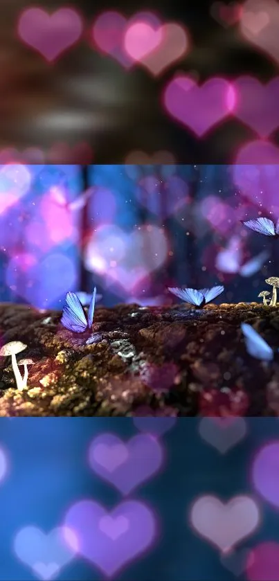 Whimsical scene with glowing hearts and blue butterflies on a fantasy forest floor.