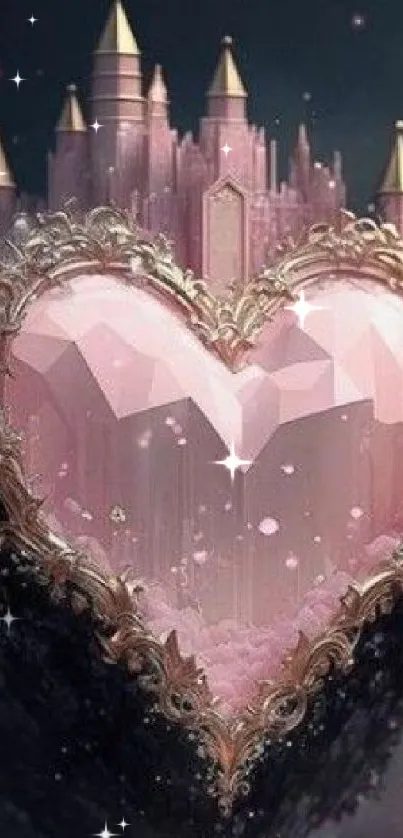 Heart-shaped pink castle in a mystical fantasy setting.