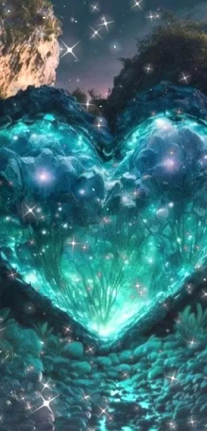 Turquoise heart-shaped glowing cave in a mystical landscape at night.