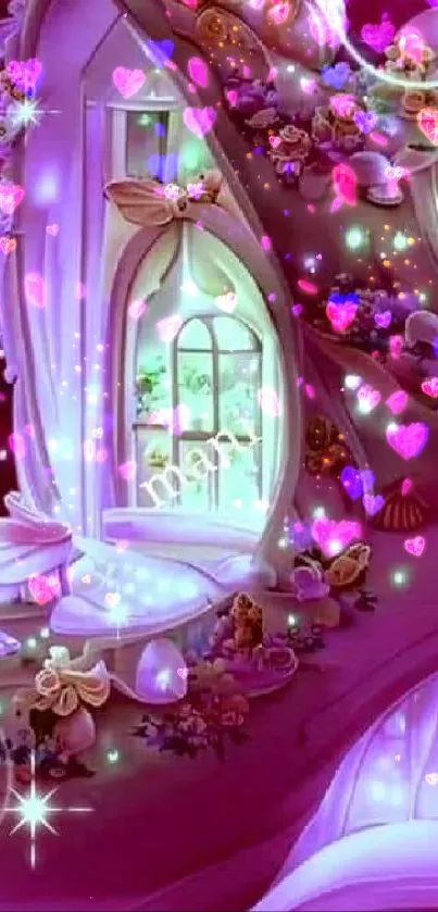 Whimsical cottage with glowing hearts and colorful flowers on a purple background.