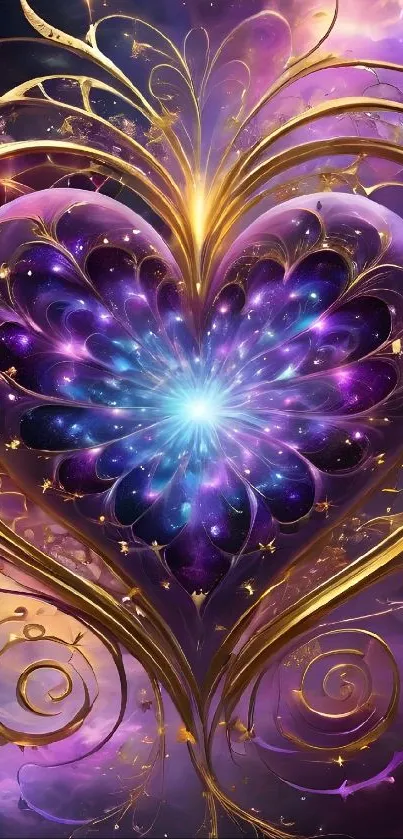 Magical galaxy heart with cosmic design on phone wallpaper.