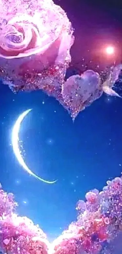 Romantic heart and moon with pink roses in a magical night sky scene.