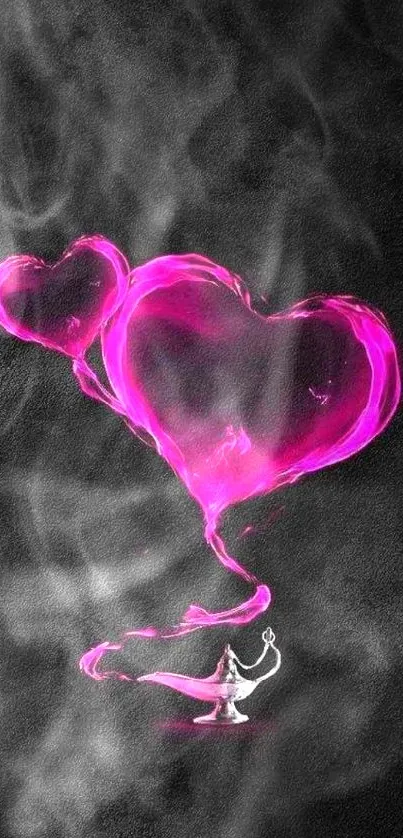 Neon heart with magical lamp on dark background.