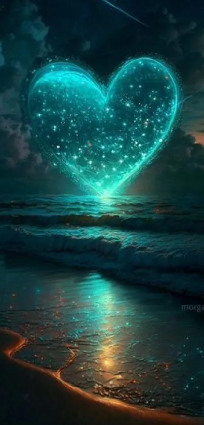 Magical teal heart glows over a calm ocean at night.