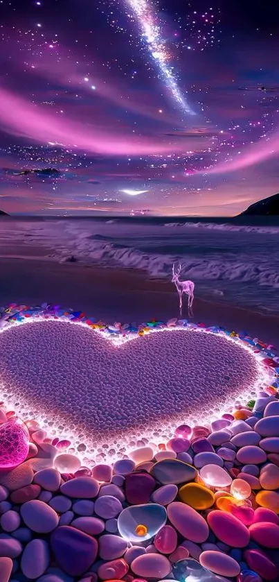 Heart on a cosmic beach with colorful stones and a starry sky backdrop.