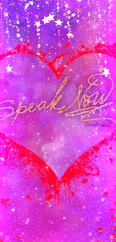 Pink heart wallpaper with stars and sparkles on a purple background.