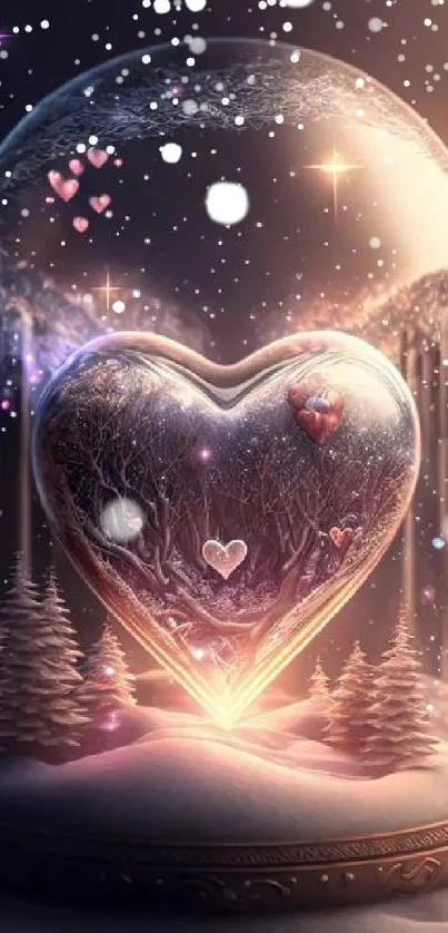 Magical heart encased in a glass dome amidst snow and ethereal lights.