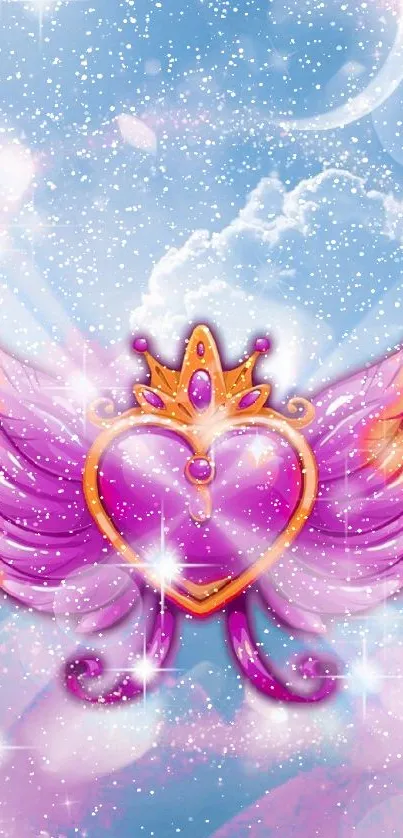 Magical heart with wings set against a starry sky background.