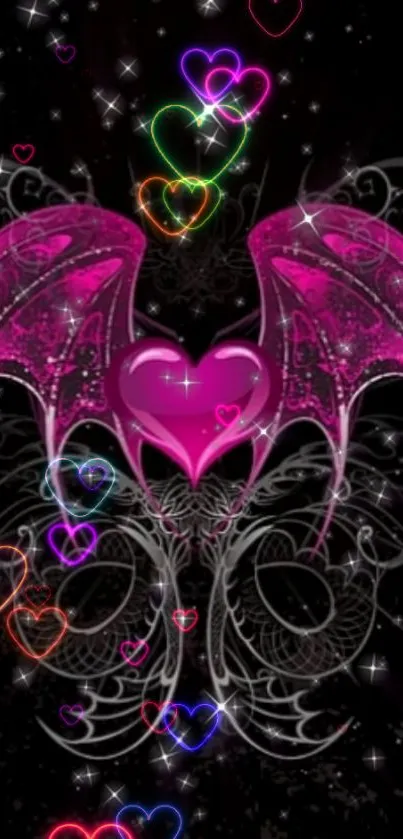 Pink heart with dragon wings on dark background with neon hearts.