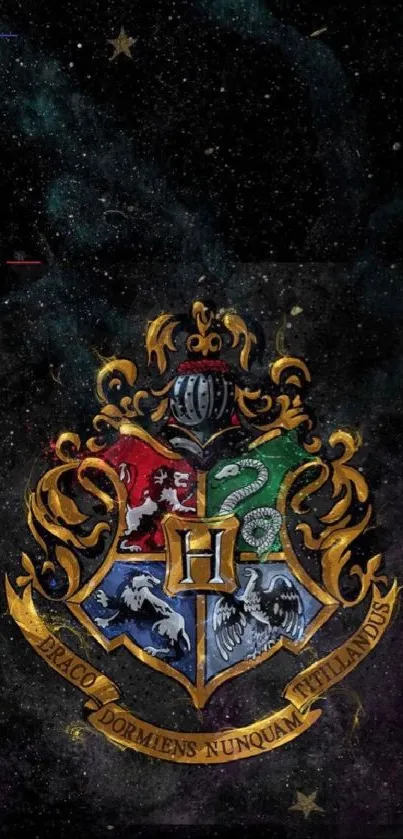 Magical Hogwarts crest on starry background wallpaper.