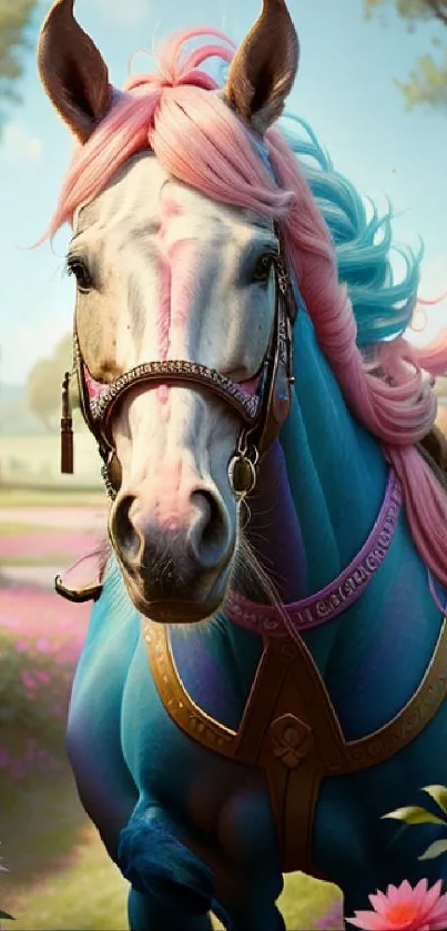 Vibrant horse in a colorful garden setting with pink and blue tones.