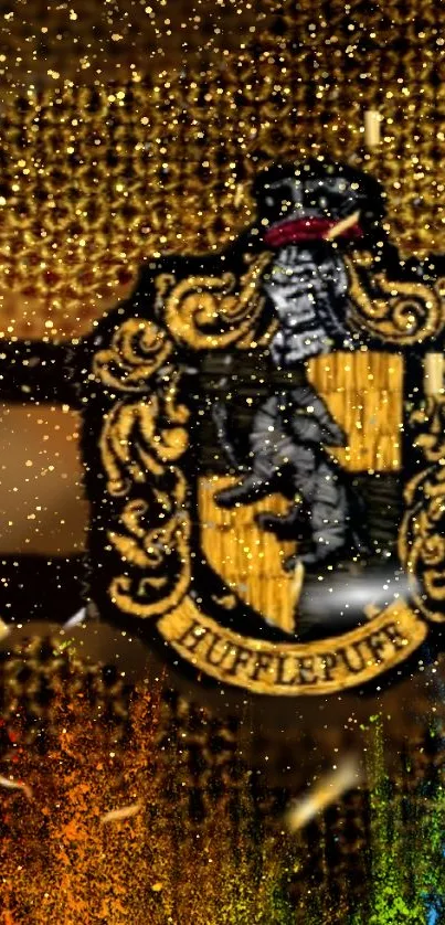 Hufflepuff crest in gold with magical sparkles.