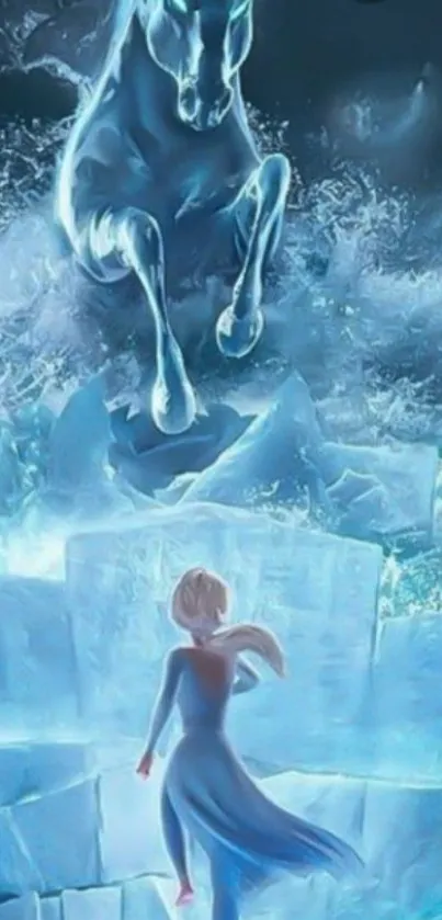 Ice-themed fantasy wallpaper with horse and figure.