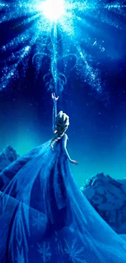 Ice queen casting magic under a starry sky.