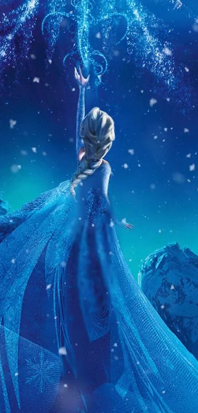 Enchanting ice queen casting magical spells in a snowy landscape.