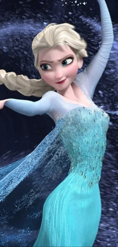 Ice queen from a famous animated movie in a flowing blue dress.