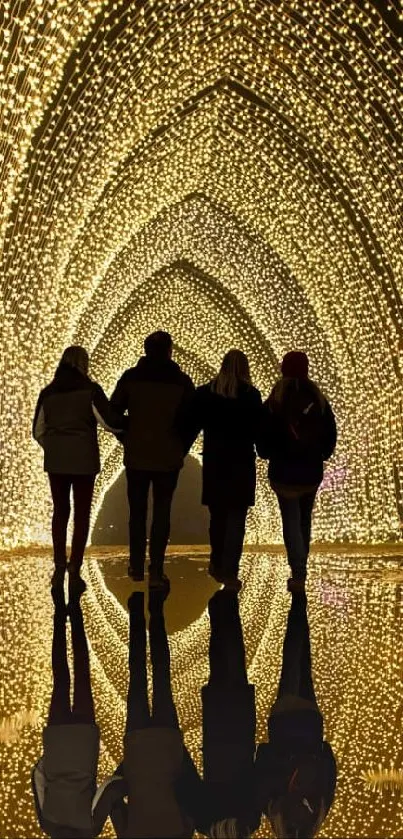 Silhouetted figures walking through a glowing, golden tunnel of lights.