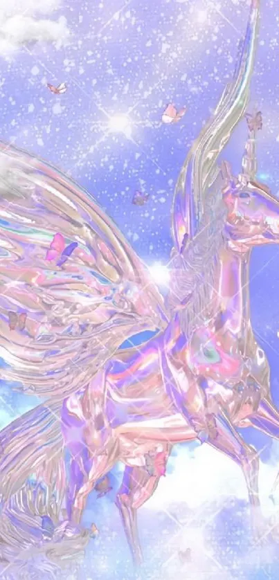 Iridescent unicorn flying in a starry lavender sky.