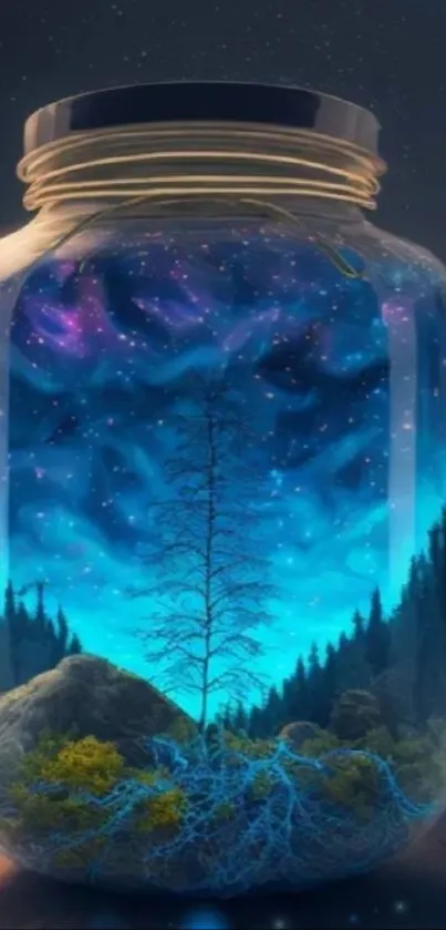 A tree silhouetted inside a jar with a galaxy backdrop.