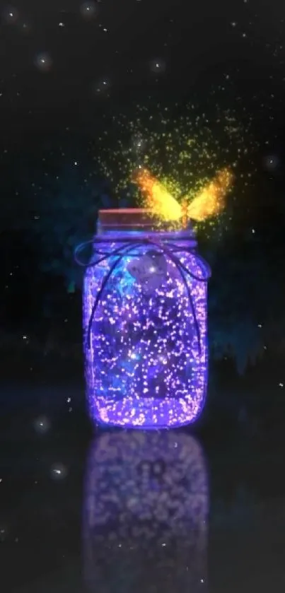 Glowing jar with magical lights in the dark.