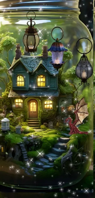 Fantasy jar house with magical glow and mystical creatures.