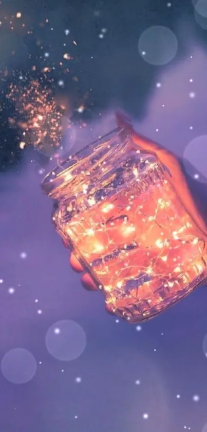 Glass jar filled with glowing fairy lights against a purple night sky.