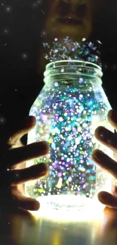 Mystical glowing jar with stars and hands in a dark background.