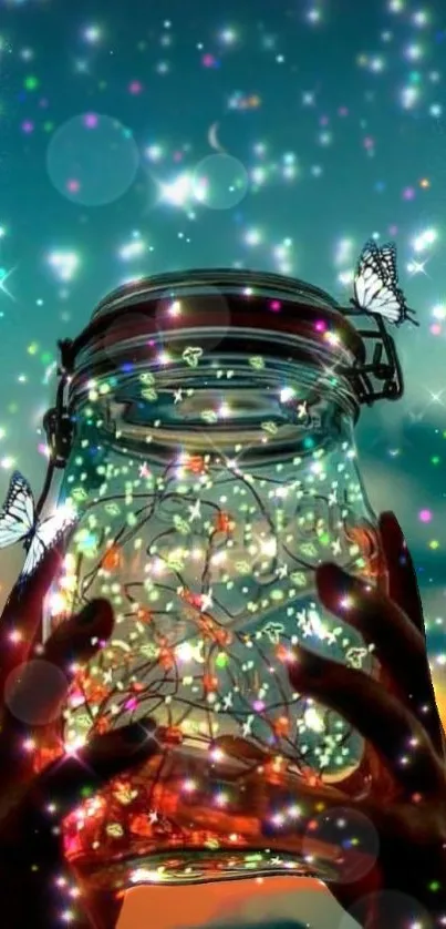 Hands holding a glowing jar with butterflies in a starry sky.