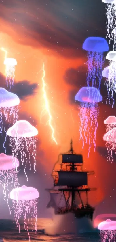 Fantasy wallpaper with glowing jellyfish, a ship, and vibrant lightning sky.