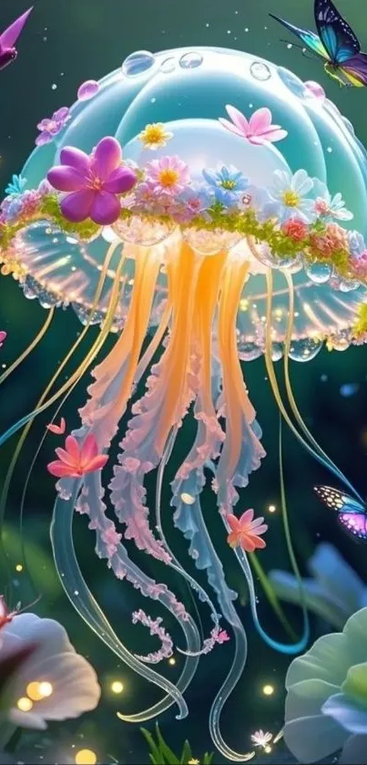 Vibrant jellyfish with flowers and butterflies.