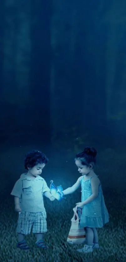 Children in a magical forest with glowing blue light.