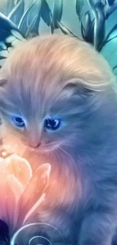 Fantasy art wallpaper of a magical kitten with blue eyes and butterflies.