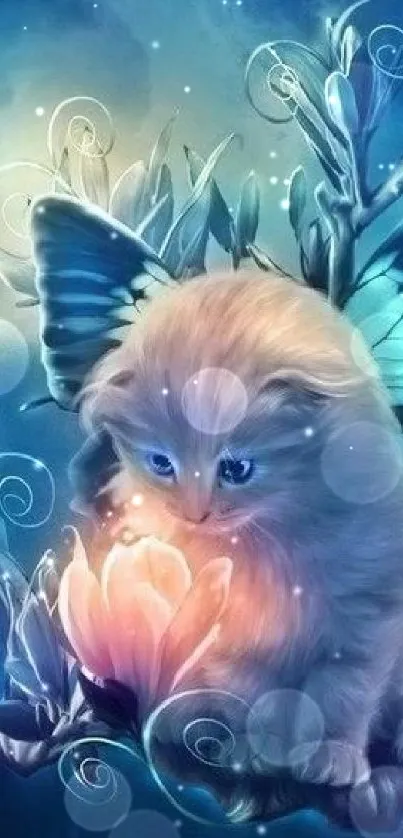 Magical kitten with butterfly wings on a glowing flower in dark blue tones.