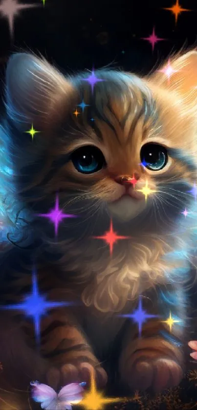 Fantasy kitten with butterfly wings in a magical setting.