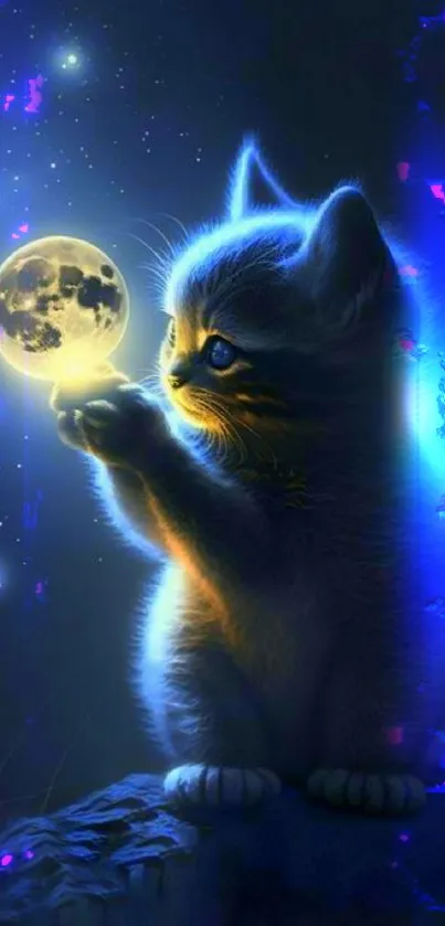 Cute kitten holding a glowing moon under a starry night sky.